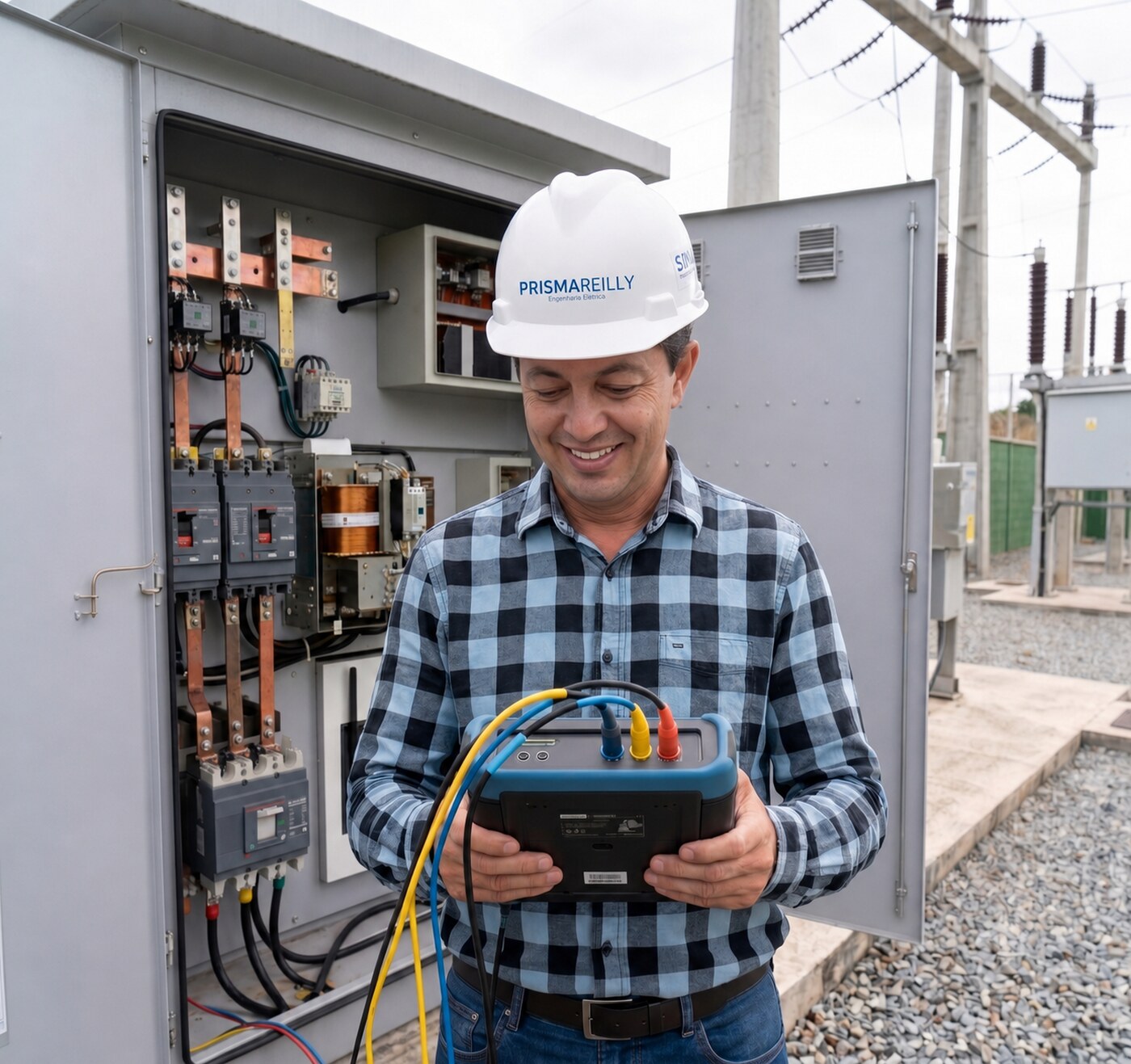Engenheiro realizando medições com analisador de energia