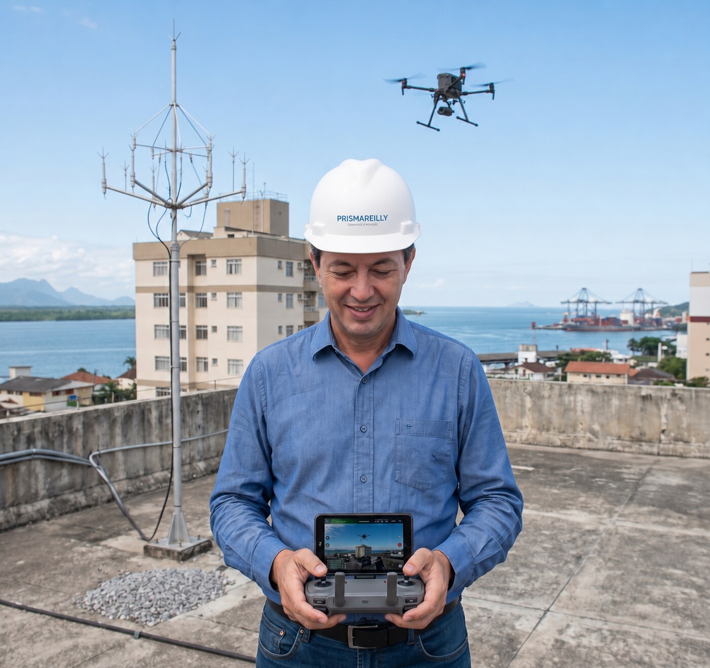 Engenheiro operando drone para inspeção de estruturas