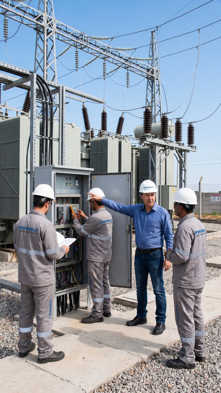Engenheiro orientando a equipe em subestação