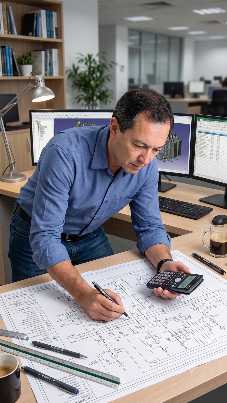 Engenheiro elaborando projeto elétrico no escritório